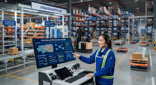 Nhân viên vận hành màn hình cảm ứng trong nhà kho