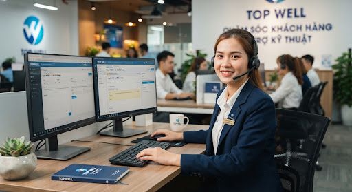 Nhân viên hỗ trợ TOP WELL đeo tai nghe