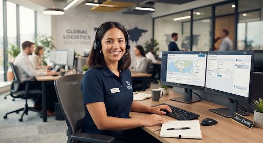 Chuyên viên hỗ trợ logistics đeo tai nghe