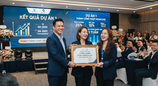 Project team receiving a completed-project certificate